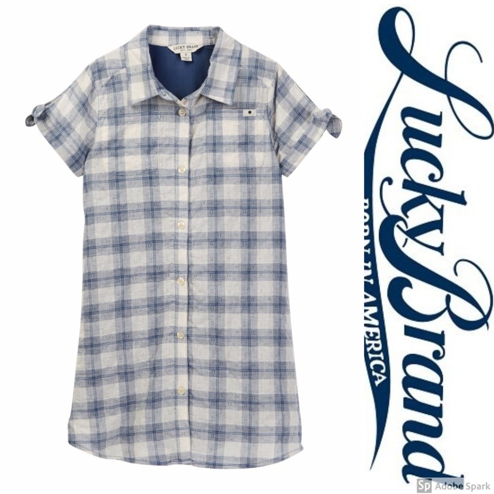 Lucky Brand Girls Button Up Shirt Dress Bree Plaid Short Sleeve Blue Size 3T 4T